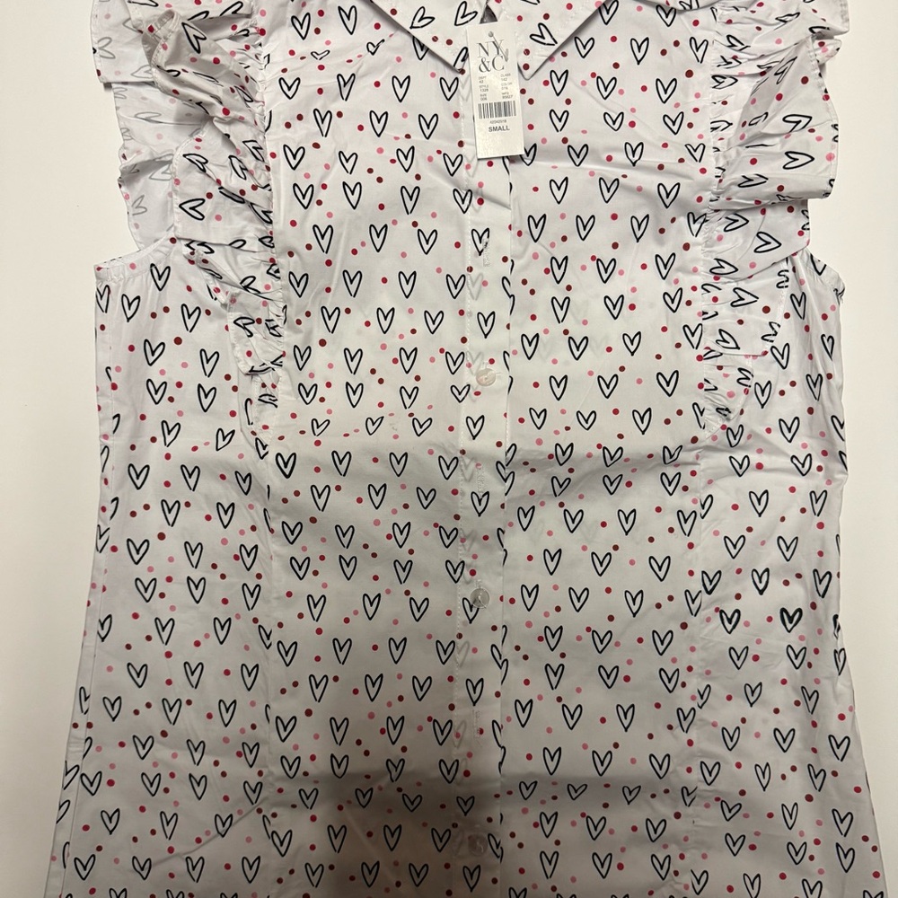 New York & Company Heart Print Button Down Shirt - White and Black